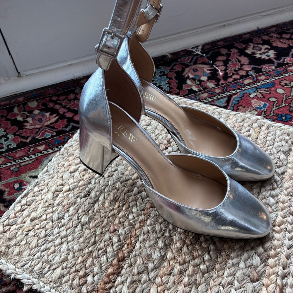 J. Crew Metallic Silver Block Heel Shoes Size 7.5 - Picture 9 of 11